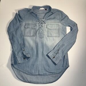 So Heritage Blue Denim Tunic Corset Look  Neck Cotton Shirt Long Sleeve Small